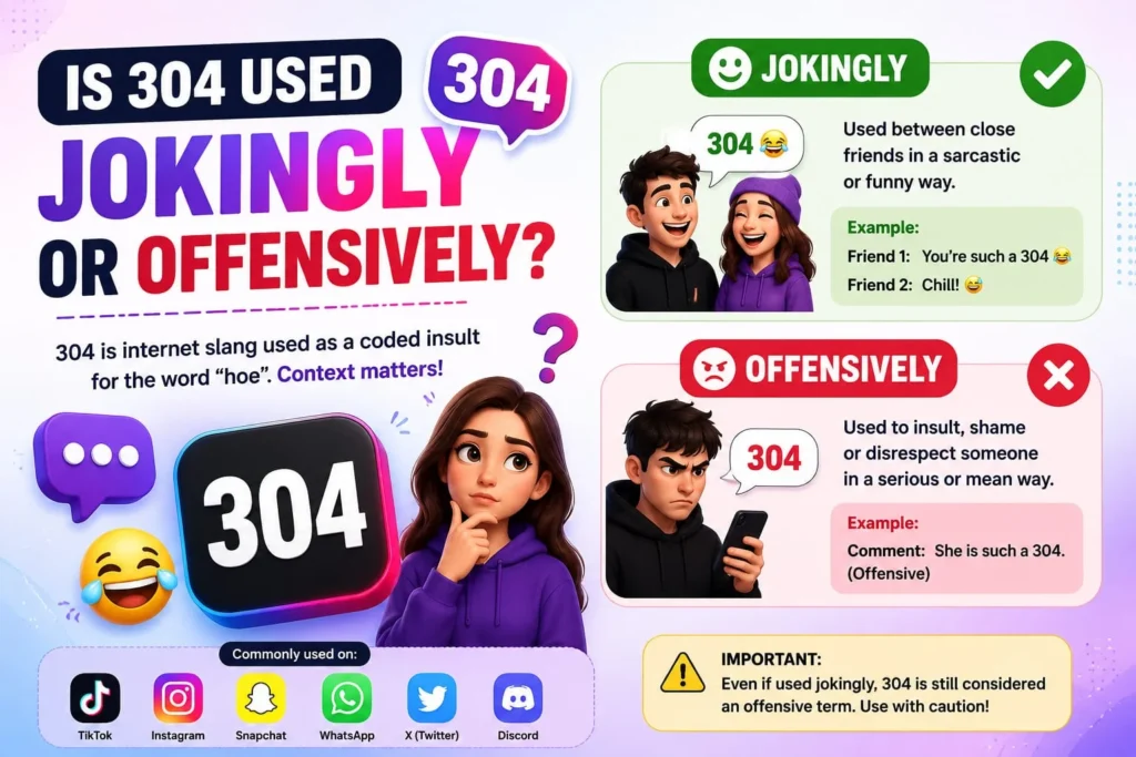 Infographic explaining whether 304 meaning is used jokingly or offensively on TikTok and social media