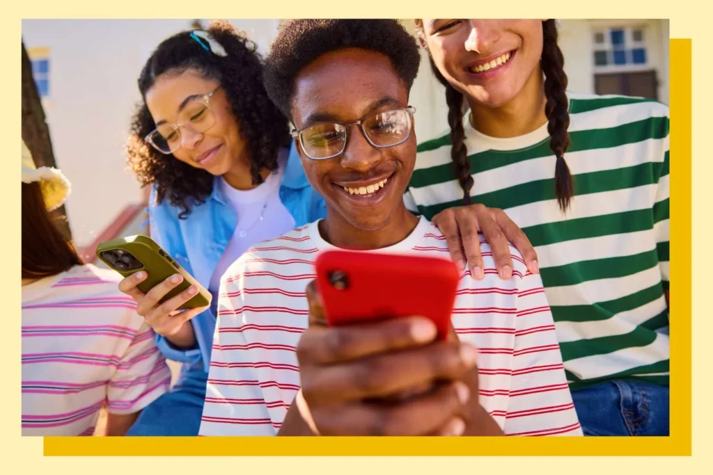 Parent and teenager having a conversation about phone and social media usage with speech bubbles showing slang terms like "gyatt meaning"