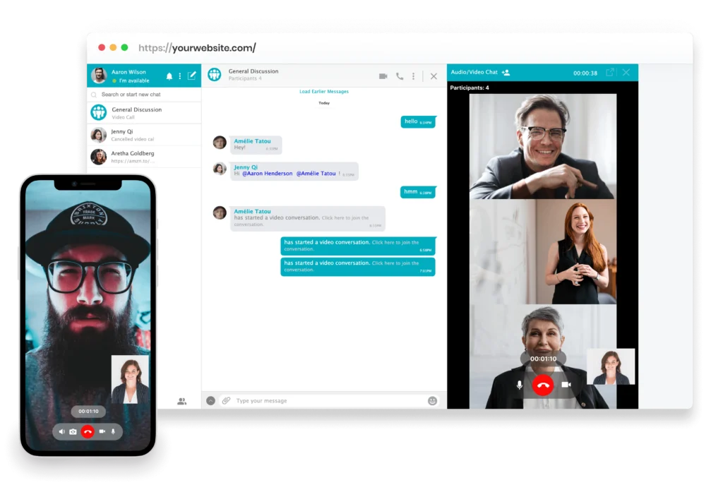 LMS Meaning illustrated through a group chat, video call, and online communication interface on desktop and mobile devices