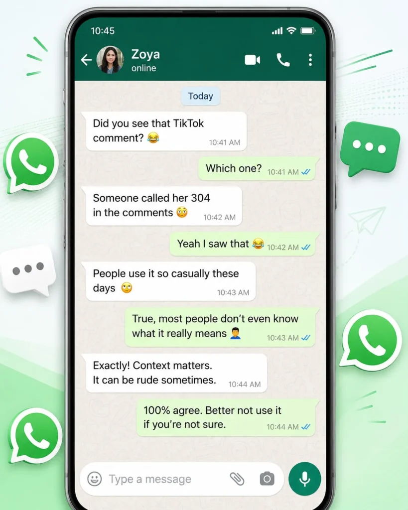 WhatsApp conversation showing 304 meaning used as internet slang in a private chat